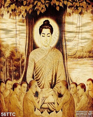 Tranh trúc chỉ Đức Phật rao giảo kinh phật bên cây đa