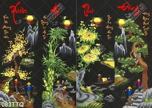 Tranh tứ quý tài lộc in canvas cây tùng mai trúc cúc