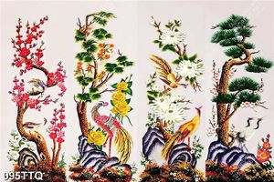 Tranh tứ quý trang trí bốn loại cây bên chim công