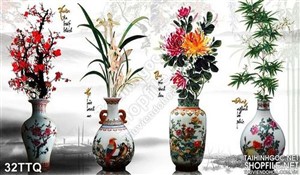 Tranh Tứ Quý bình hoa sứ cổ