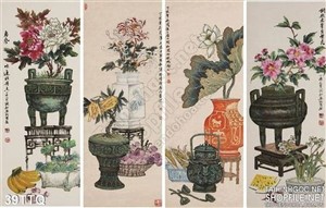 Tranh Tứ Quý cái lư đồng cổ