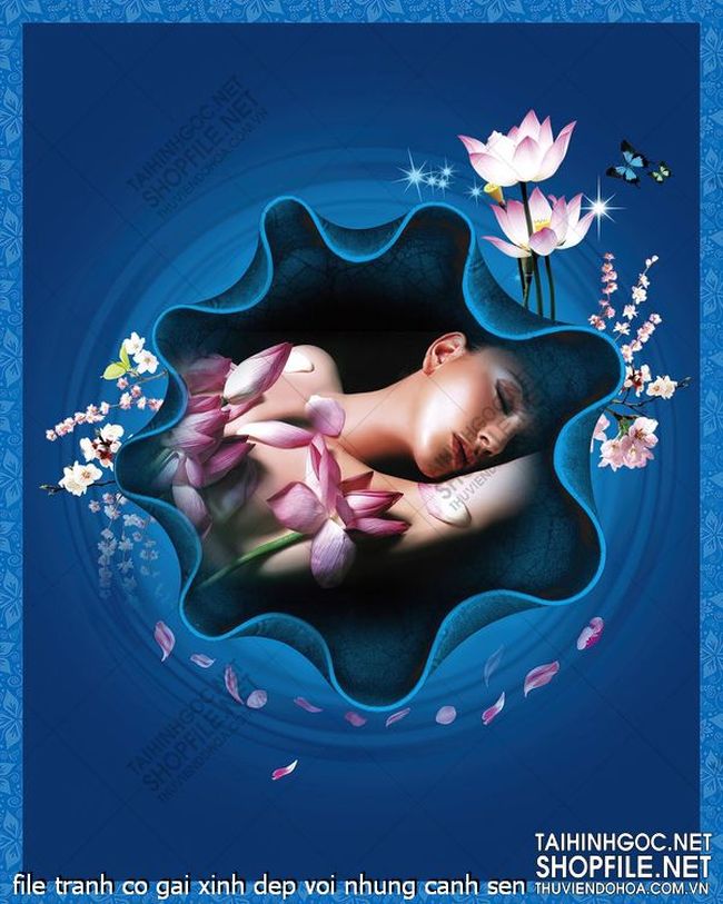 file tranh co gai xinh dep voi nhung canh sen