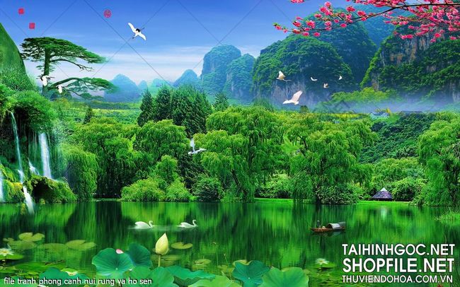 file tranh phong canh nui rung va ho sen