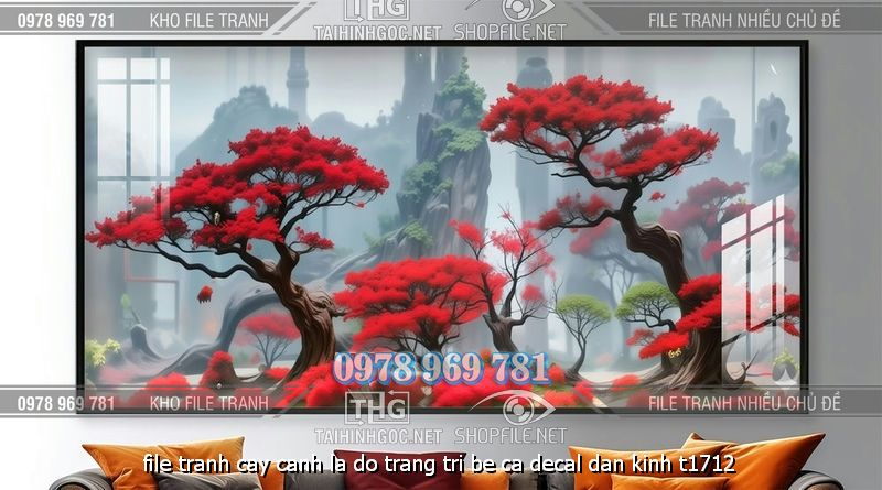 file tranh cay canh la do trang tri be ca decal dan kinh t1712
