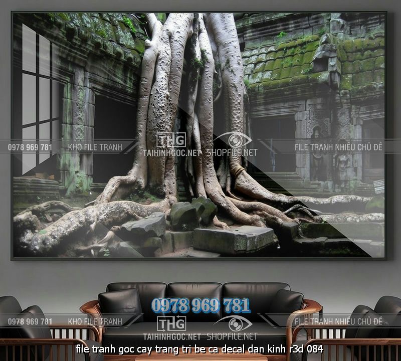 file tranh goc cay trang tri be ca decal dan kinh r3d 084