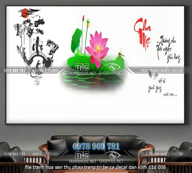 file tranh hoa sen thu phap trang tri be ca decal dan kinh 11d 006