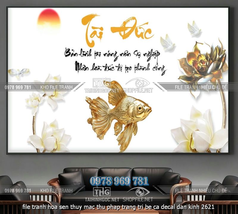 file tranh hoa sen thuy mac thu phap trang tri be ca decal dan kinh 2621