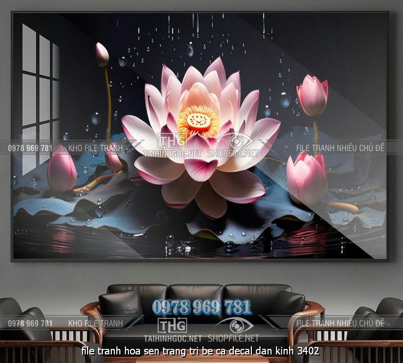file tranh hoa sen trang tri be ca decal dan kinh 3402