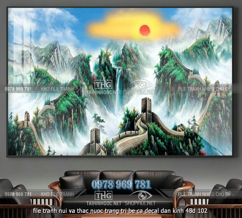 file tranh nui va thac nuoc trang tri be ca decal dan kinh 48d 102