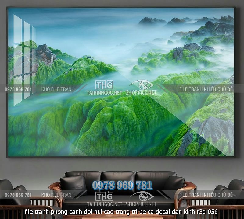 file tranh phong canh doi nui cao trang tri be ca decal dan kinh r3d 056