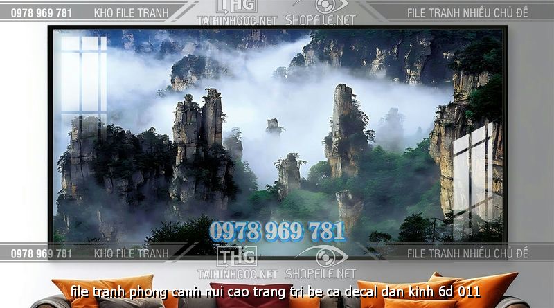 file tranh phong canh nui cao trang tri be ca decal dan kinh 6d 011