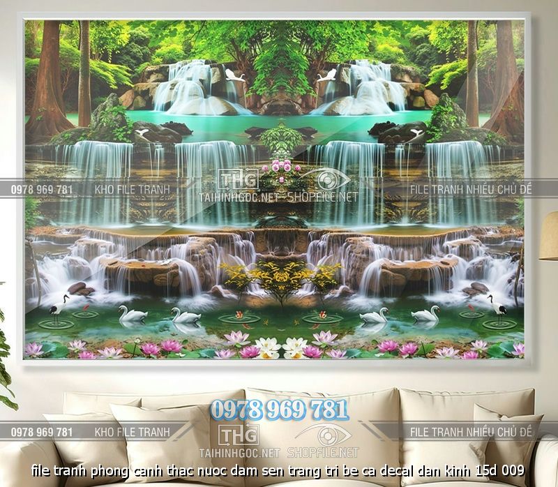 file tranh phong canh thac nuoc dam sen trang tri be ca decal dan kinh 15d 009
