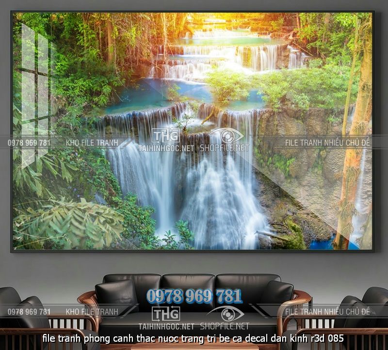 file tranh phong canh thac nuoc trang tri be ca decal dan kinh r3d 085