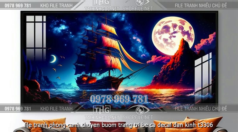 file tranh phong canh thuyen buom trang tri be ca decal dan kinh t3306