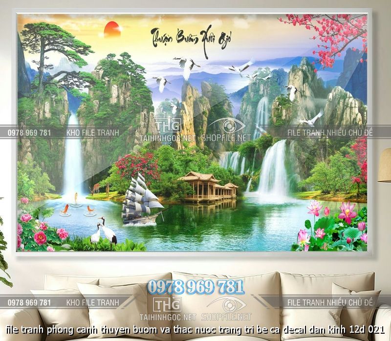 file tranh phong canh thuyen buom va thac nuoc trang tri be ca decal dan kinh 12d 021