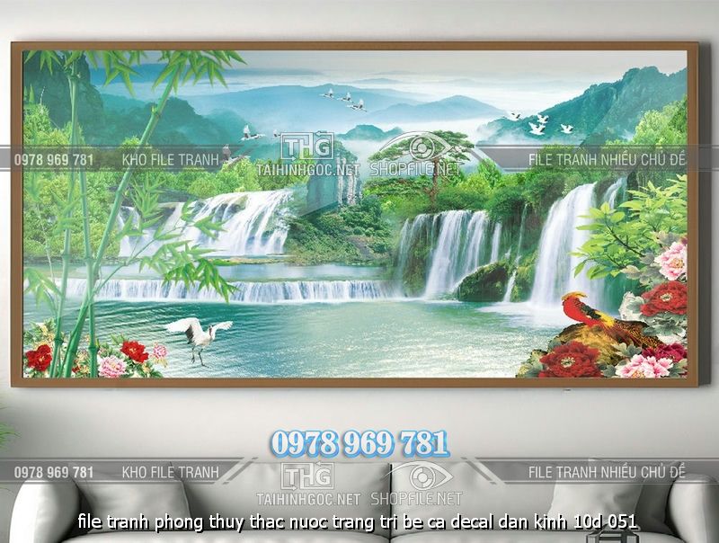 file tranh phong thuy thac nuoc trang tri be ca decal dan kinh 10d 051