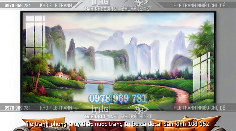 file tranh phong thuy thac nuoc trang tri be ca decal dan kinh 10d 052