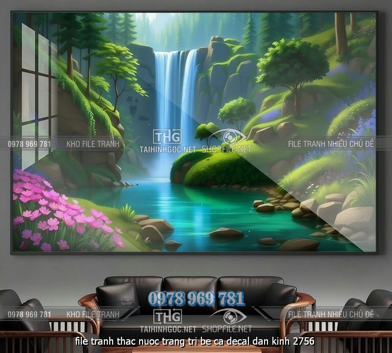 file tranh thac nuoc trang tri be ca decal dan kinh 2756