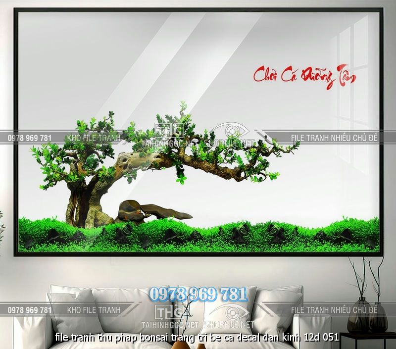 file tranh thu phap bonsai trang tri be ca decal dan kinh 12d 051