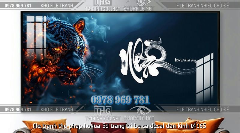 file tranh thu phap ho lua 3d trang tri be ca decal dan kinh t4165