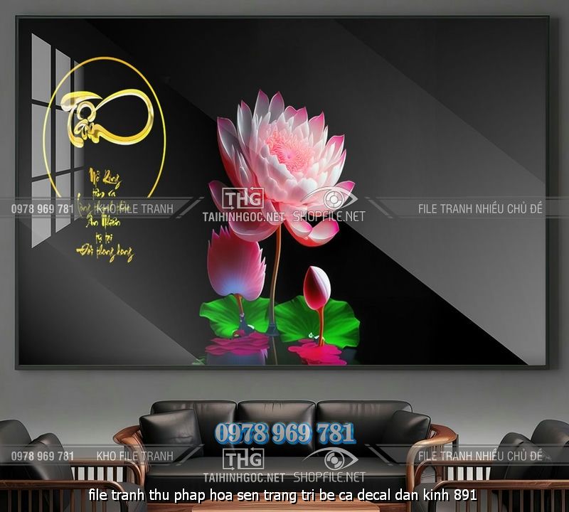 file tranh thu phap hoa sen trang tri be ca decal dan kinh 891