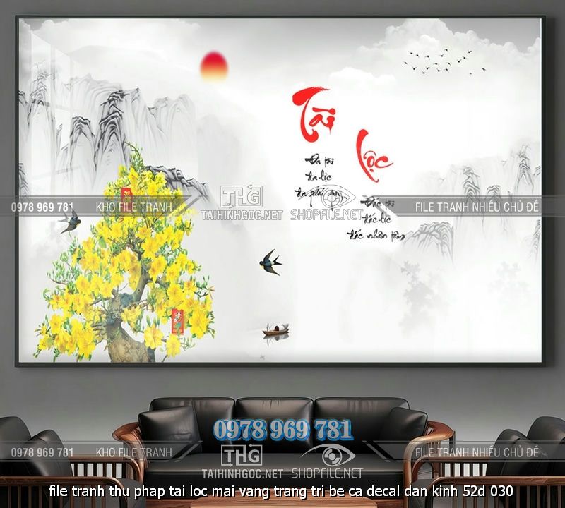 file tranh thu phap tai loc mai vang trang tri be ca decal dan kinh 52d 030