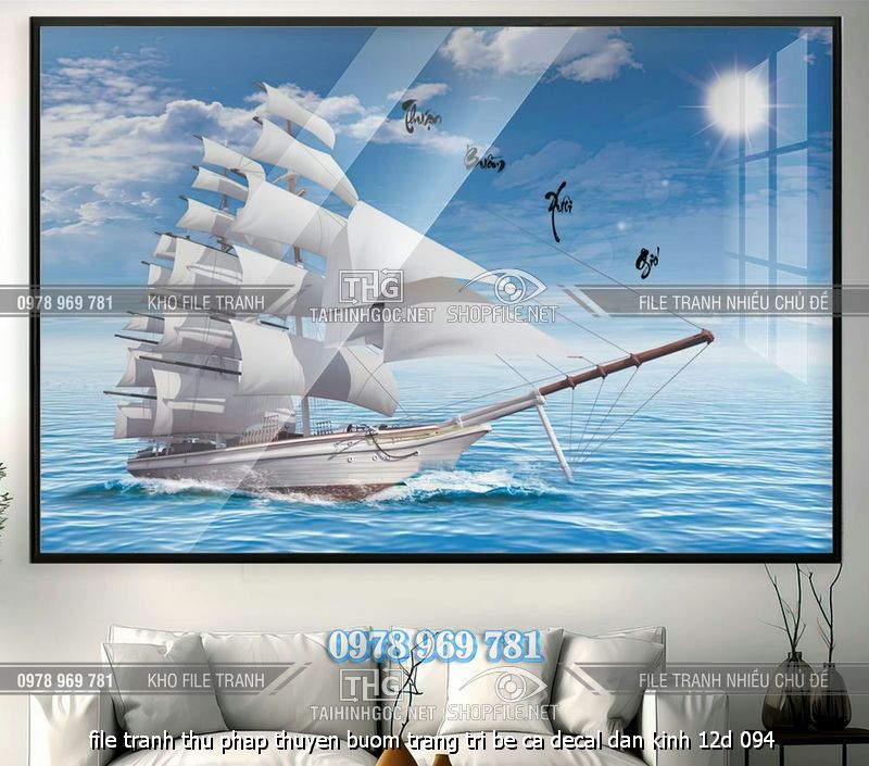 file tranh thu phap thuyen buom trang tri be ca decal dan kinh 12d 094