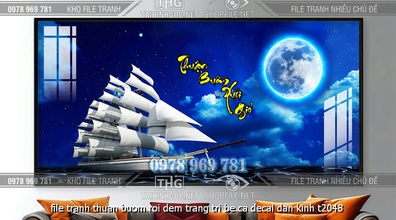 file tranh thuan buom roi dem trang tri be ca decal dan kinh t2048