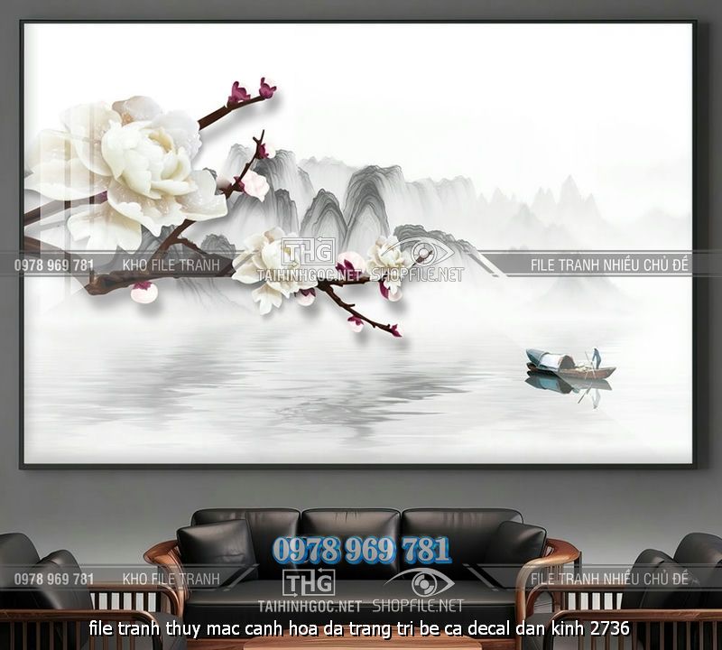 file tranh thuy mac canh hoa da trang tri be ca decal dan kinh 2736