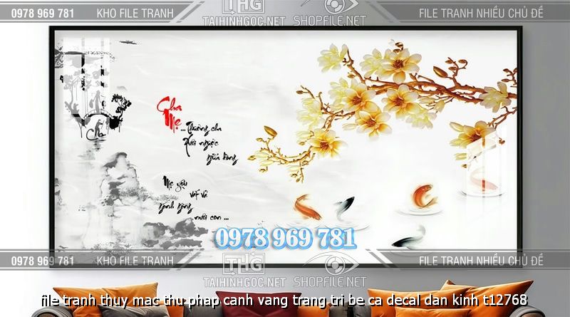 file tranh thuy mac thu phap canh vang trang tri be ca decal dan kinh t12768