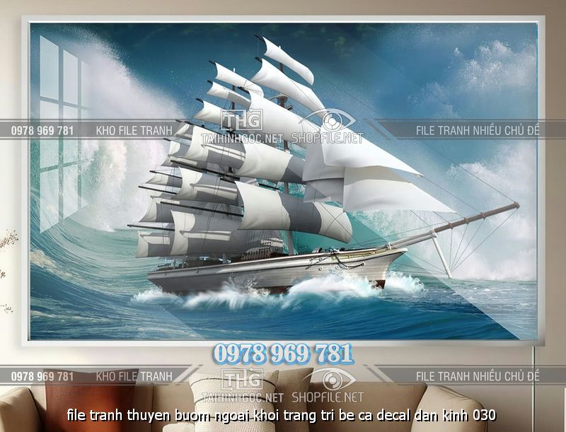 file tranh thuyen buom ngoai khoi trang tri be ca decal dan kinh 030