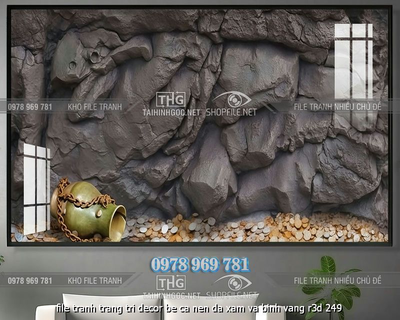 file tranh trang tri decor be ca nen da xam va binh vang r3d 249