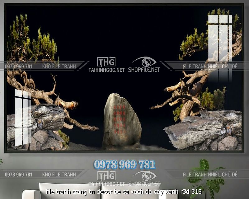 file tranh trang tri decor be ca vach da cay xanh r3d 318