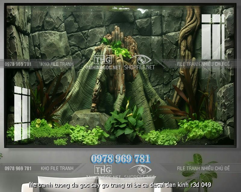 file tranh tuong da goc cay go trang tri be ca decal dan kinh r3d 049
