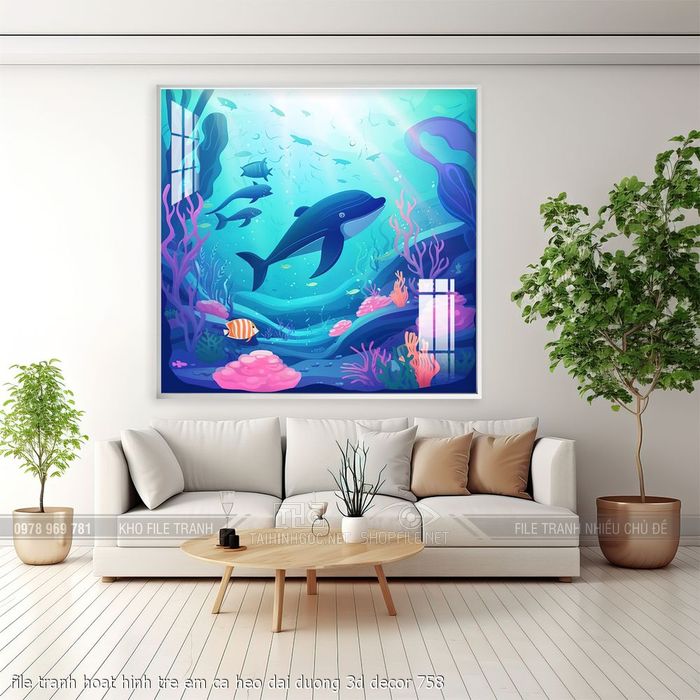 file tranh hoat hinh tre em ca heo dai duong 3d decor 758