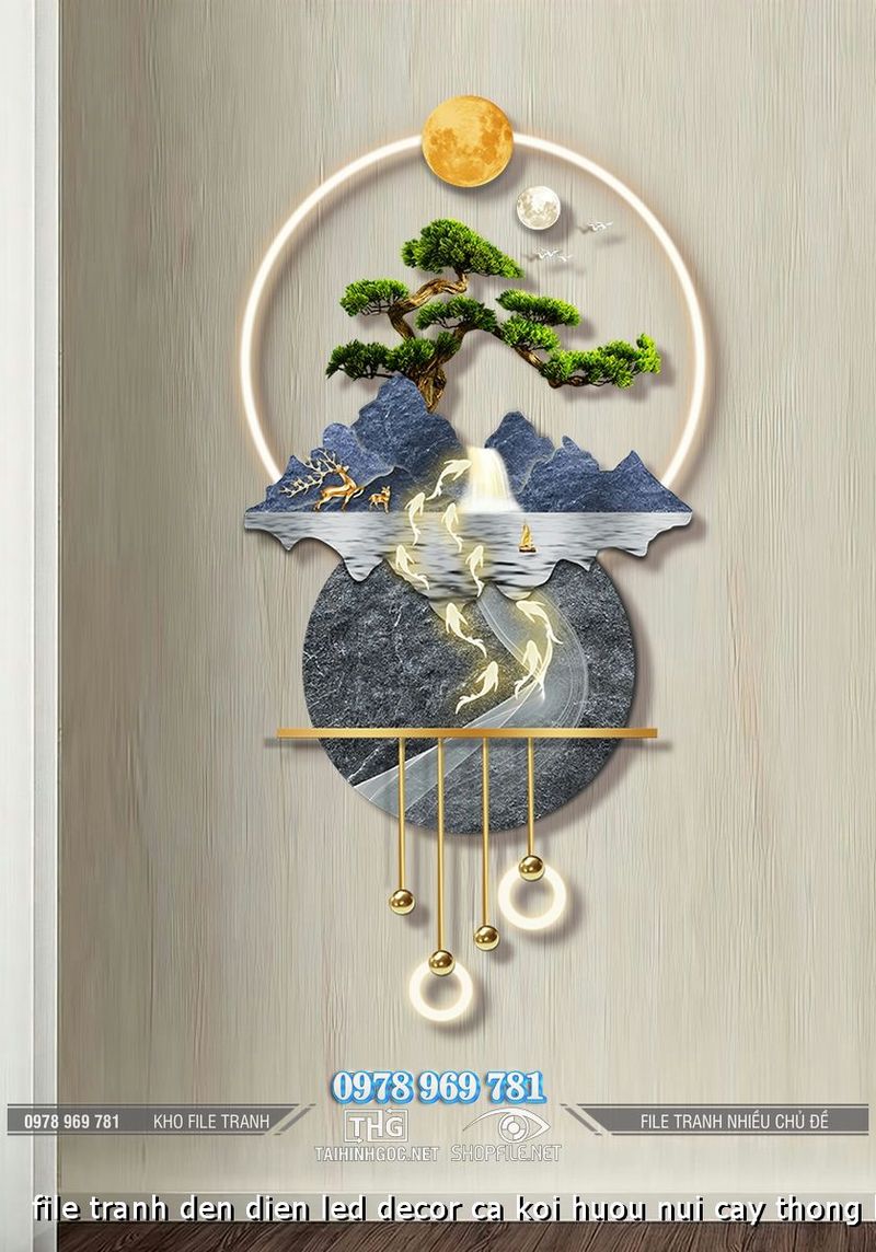 file tranh den dien led decor ca koi huou nui cay thong bonsai 22102024 ho