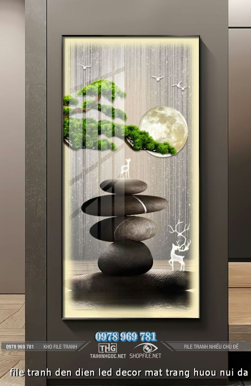 file tranh den dien led decor mat trang huou nui da bonsai cay thong 272024 ho