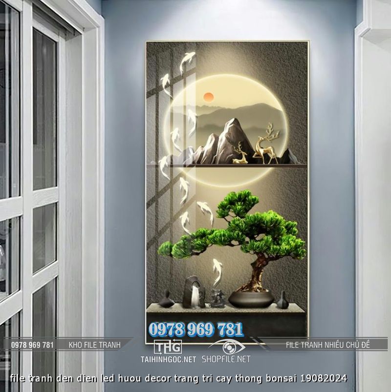 file tranh den dien led huou decor trang tri cay thong bonsai 19082024