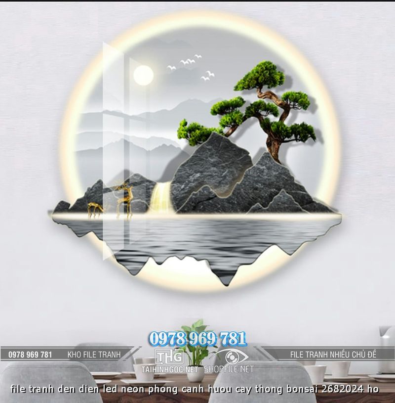 file tranh den dien led neon phong canh huou cay thong bonsai 2682024 ho