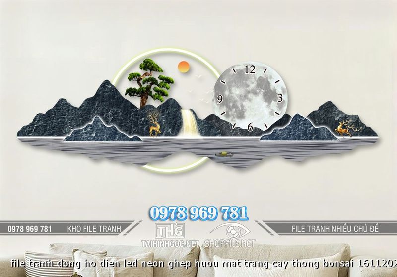 file tranh dong ho dien led neon ghep huou mat trang cay thong bonsai 16112024 phu
