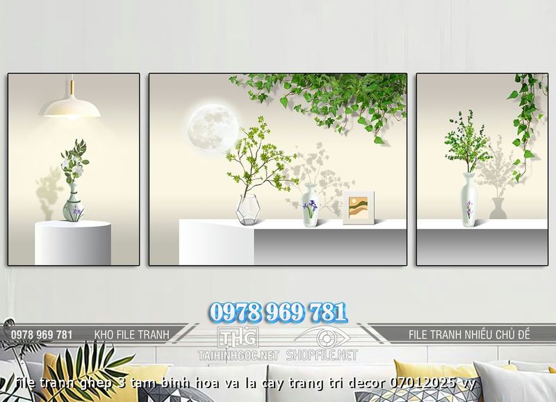 file tranh ghep 3 tam binh hoa va la cay trang tri decor 07012025 vy