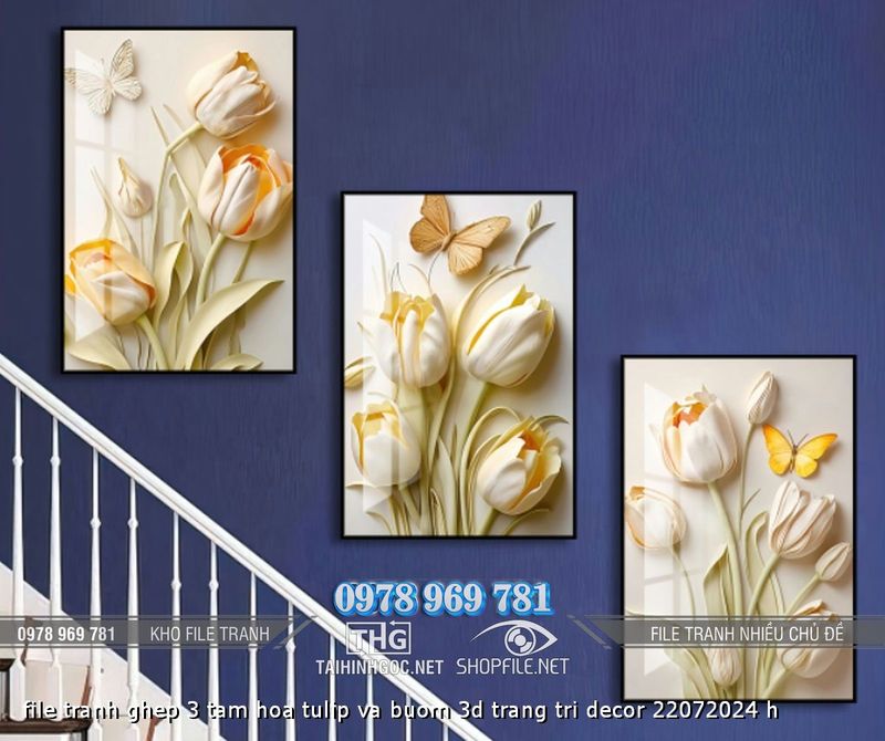 file tranh ghep 3 tam hoa tulip va buom 3d trang tri decor 22072024 h