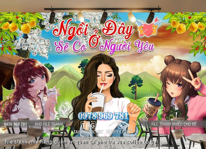 file tranh nha hang quan an quan ca phe tra sua coffee co gai