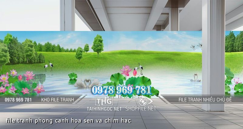 file tranh phong canh hoa sen va chim hac