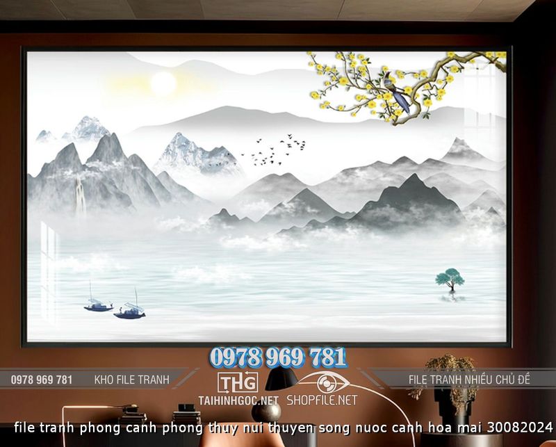 file tranh phong canh phong thuy nui thuyen song nuoc canh hoa mai 30082024