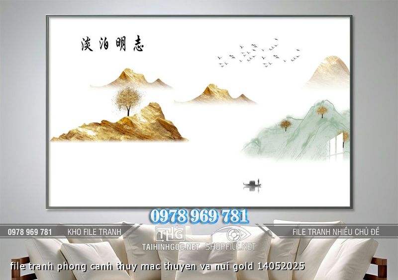file tranh phong canh thuy mac thuyen va nui gold 14052025