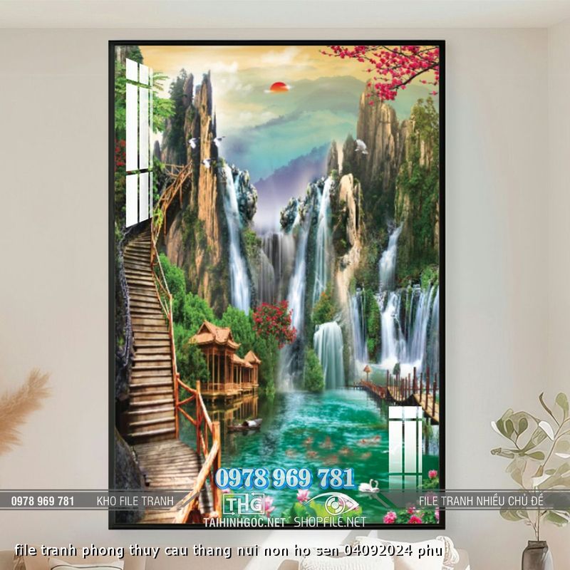 file tranh phong thuy cau thang nui non ho sen 04092024 phu