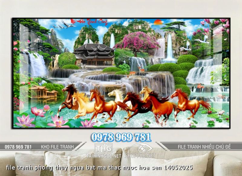 file tranh phong thuy ngua bat ma thac nuoc hoa sen 14052025