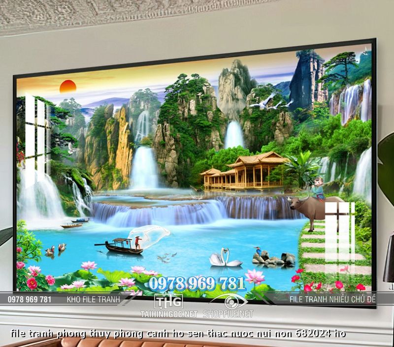 file tranh phong thuy phong canh ho sen thac nuoc nui non 682024 ho