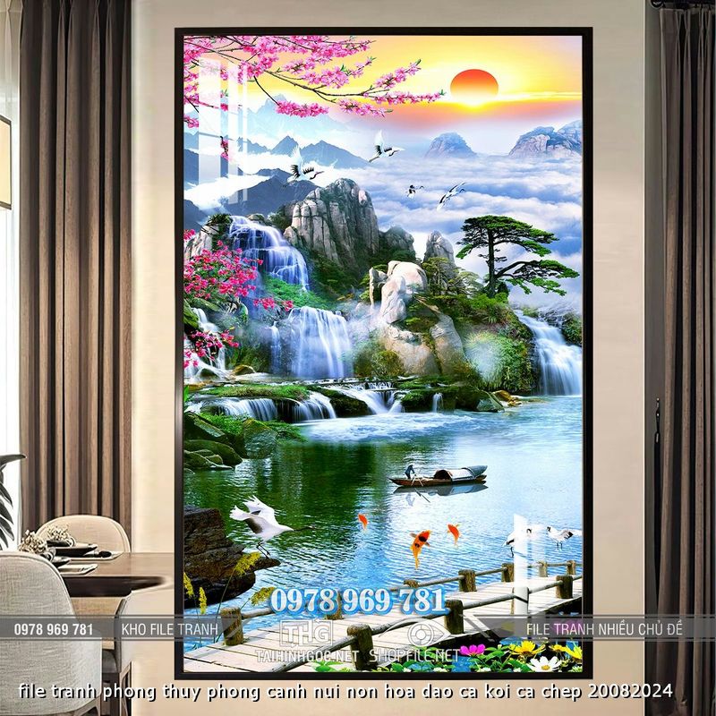 file tranh phong thuy phong canh nui non hoa dao ca koi ca chep 20082024